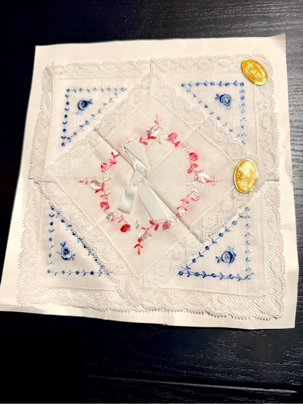 Embroidered Handkerchief with Pink & Blue Floral Accents. Made in Switzerland.